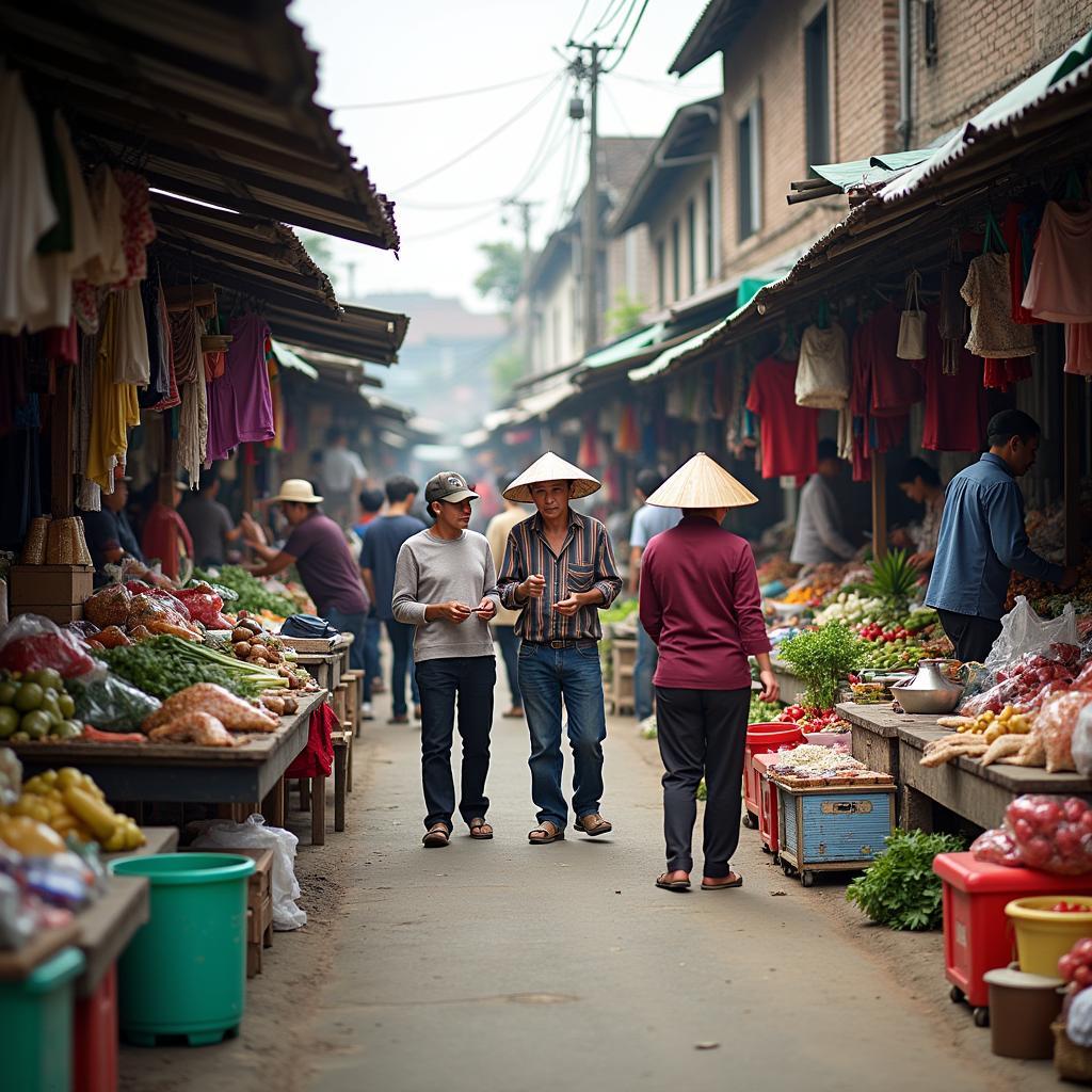Quang cảnh nhộn nhịp tại chợ Hương Canh, Vĩnh Phúc với nhiều gian hàng và người mua bán.